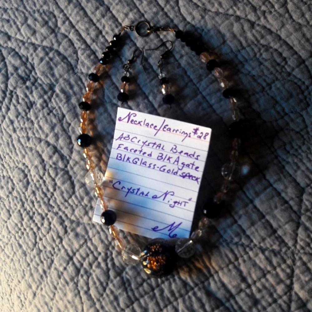 Handmade necklace/earring set blk agate ab crystal beads center blk glass  gold